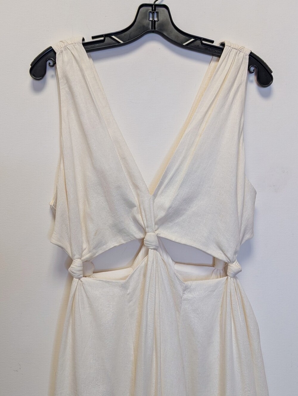FARM Rio Ivory Off White Linen Knotted Cut Out V-Neck Sleeveless Midi Dress M - Picture 4 of 13